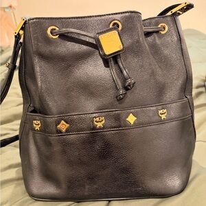 MCM Black Leather Bucket Bag
